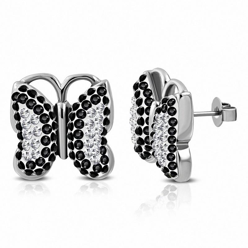 Boucles d'oreilles papillon en acier inoxydable avec papillon clair et noir cz (paire)