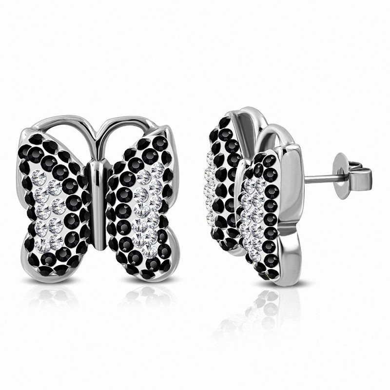 Boucles d'oreilles papillon en acier inoxydable avec papillon clair et noir cz (paire)