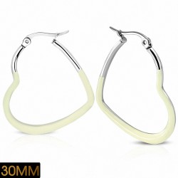 30mm | Boucles d'oreilles clip arrière en forme de coeur d'amour en acier inoxydable émaillé blanc (paire)