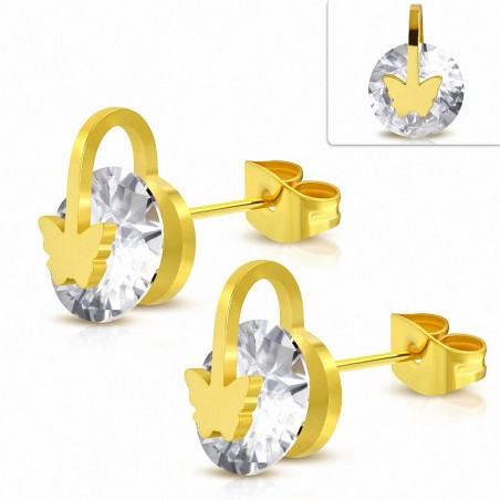 Boucles d'oreilles Papillon en acier inoxydable doré avec cercle rond et cercle serti de cristaux CZ (paire)