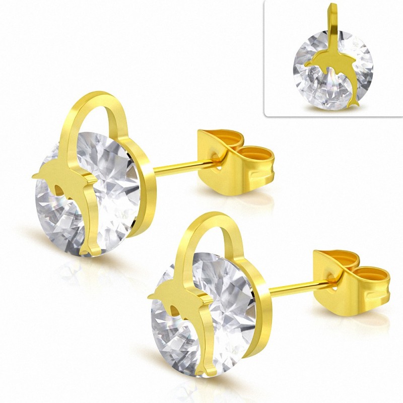 Boucles d'oreille rondes en forme de cercle avec dauphin rond en acier inoxydable plaqué en couleur dorée avec CZ transparent