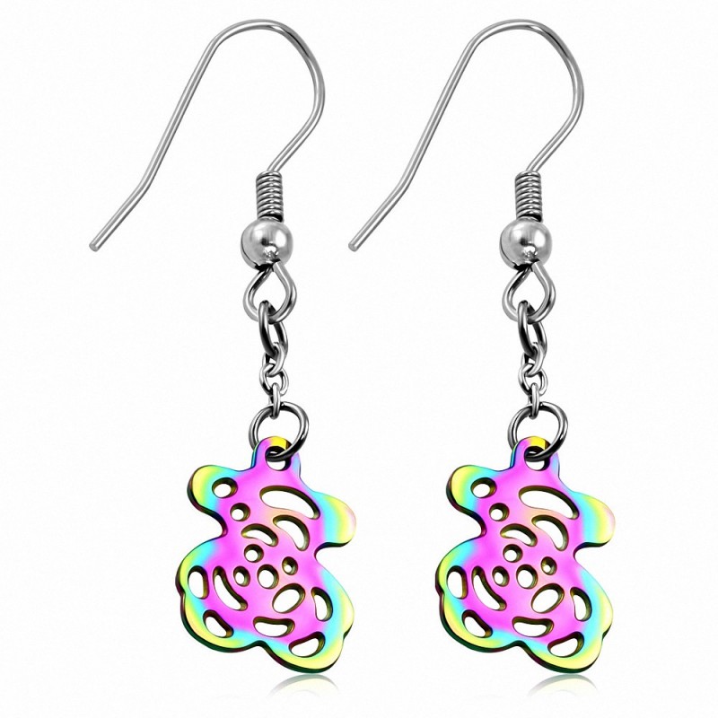 Boucles d'oreilles à crochets longs Teddy Bear en acier inoxydable 2 tons (paire)