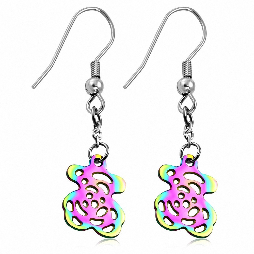 Boucles d'oreilles à crochets longs Teddy Bear en acier inoxydable 2 tons (paire)