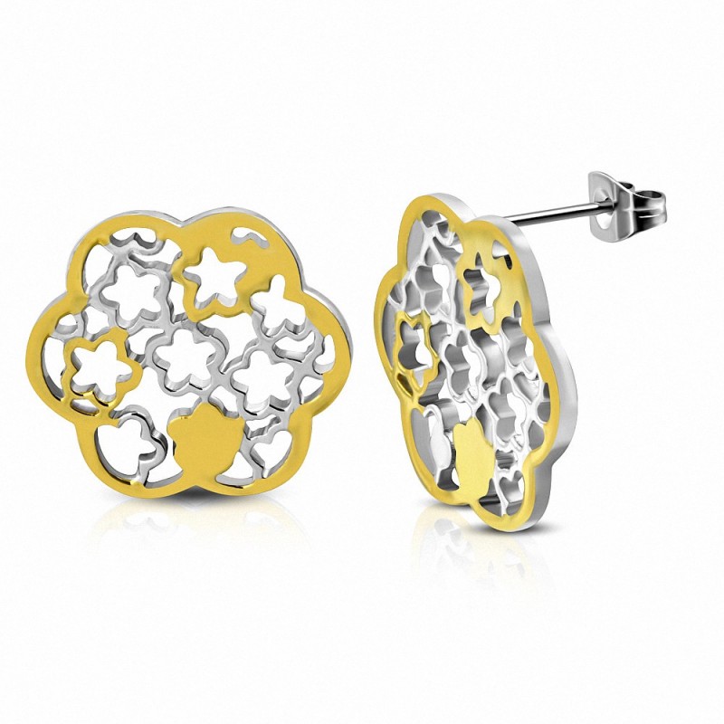 Boucles d'oreilles à fleurs découpées acier inoxydable 2 tons (paire)