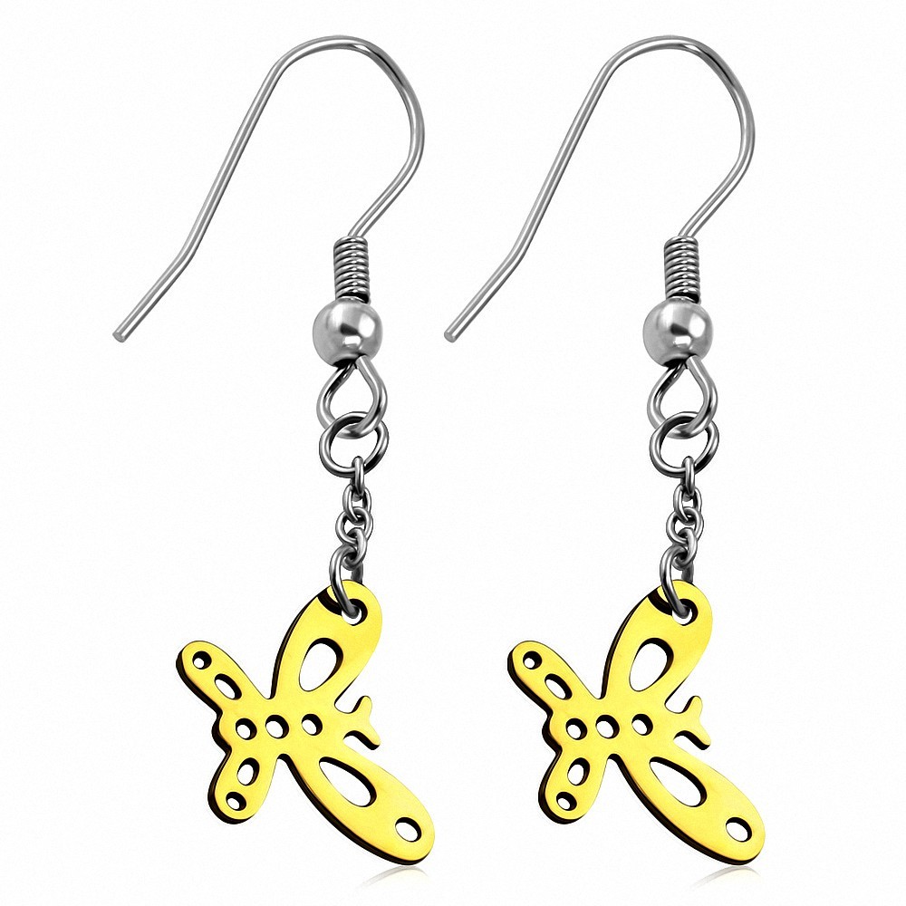 Boucles d'oreilles à long crochet en forme de papillon 2 tons en acier inoxydable (paire)