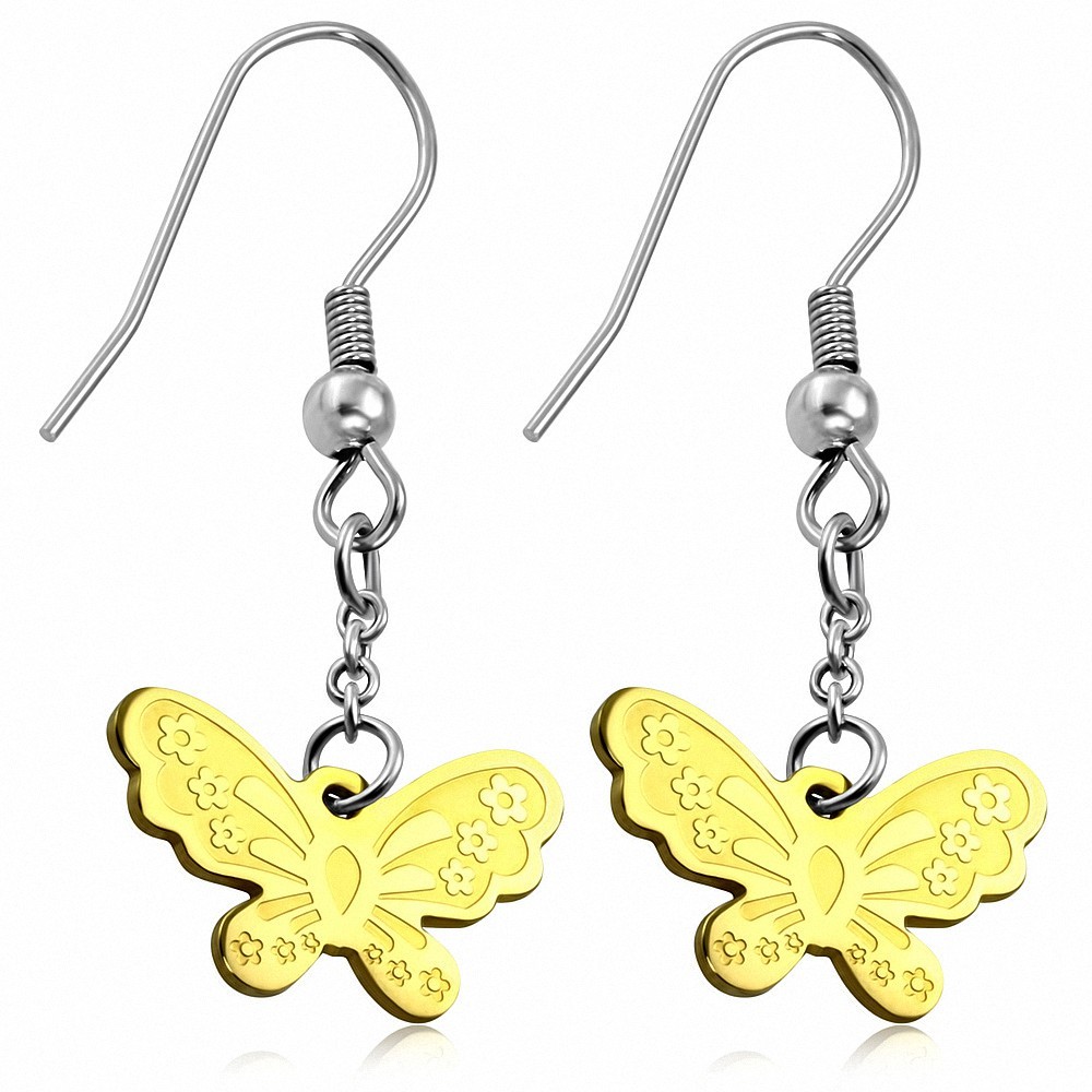 Boucles d'oreilles à long crochet forme de papillon 2 tons en acier inoxydable (paire)