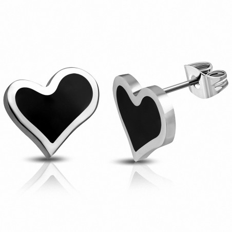 Boucles d'oreilles en forme de coeur d'amour en acier inoxydable émaillé noir (paire)