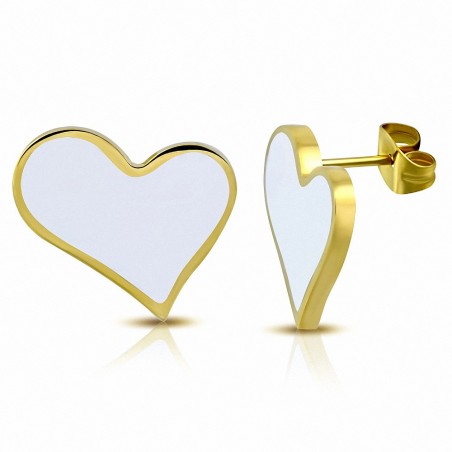 Boucles d'oreilles clous en forme de coeur d'amour en acier émaillé blanc doré blanc (paire)