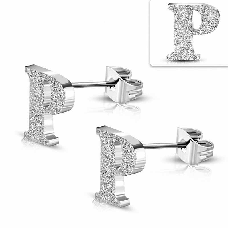 Boucles d'oreilles Alphabet P en acier inoxydable sablé (paire)