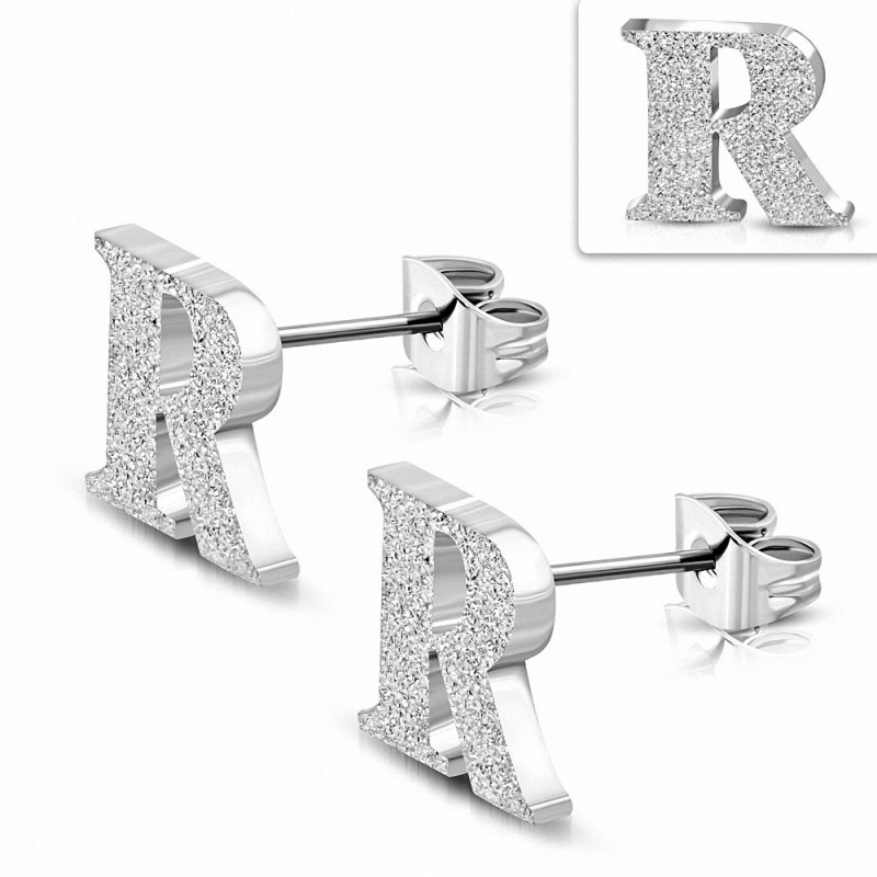 Boucles d'oreilles Alphabet R sablé en acier inoxydable (paire)