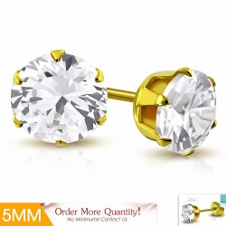 5mm | Boucles d'oreilles clous rondes en acier inoxydable plaquées or avec rondelles en argent avec cZ incolore (paire)