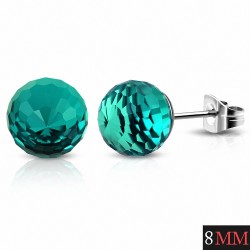 8mm | Boucles d'oreilles en acier inoxydable avec boules de verre et zircon bleu (paire)