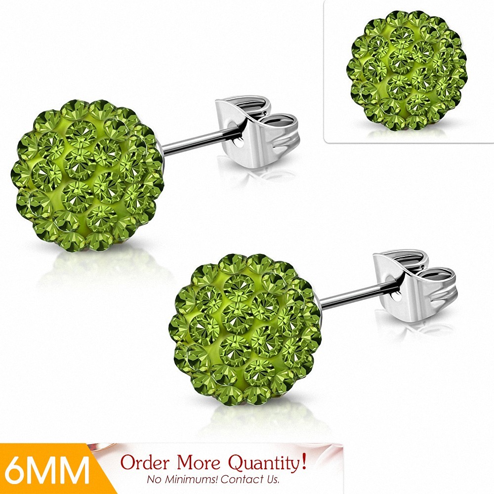 6mm | Boucles d'oreilles Shamballa en acier inoxydable Argil Disco Ball avec Olivine légère CZ (paire)