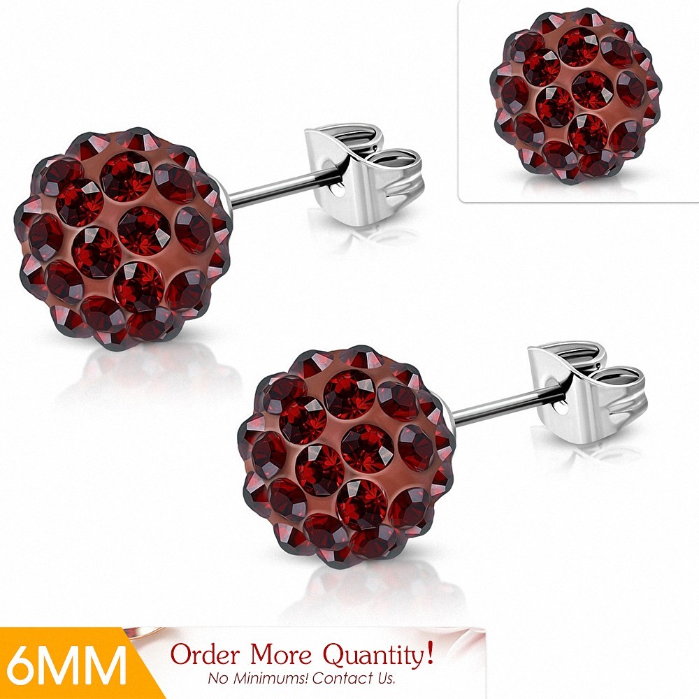 6mm | Boucles d'oreilles Shamballa en acier inoxydable Argil Disco Ball avec CZ brun rouge (la paire)