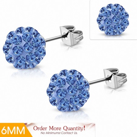 6mm | Boucles d'oreilles Shamballa en acier inoxydable Argil Disco Ball avec saphir bleu CZ (paire)