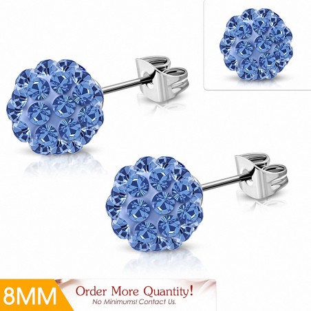 8mm | Boucles d'oreilles Shamballa en acier inoxydable Argil Disco Ball avec saphir bleu CZ (paire)