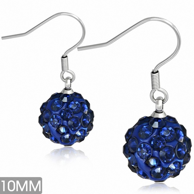 10mm | Boucles d'oreilles à crochet long Shamballa en acier inoxydable Argil Disco Ball avec saphir foncé CZ (paire)