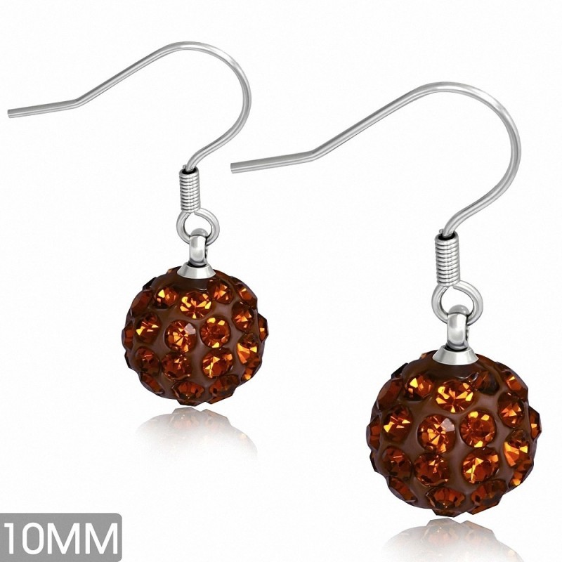 10mm | Boucles d'oreilles à crochet long Shamballa en acier inoxydable Argil Disco Ball avec topaze fumée CZ (paire)