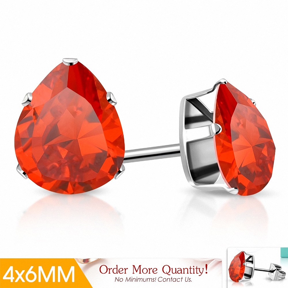 4x6mm | Boucles d'oreilles clous en acier inoxydable avec poire / larme et jacinthe orange CZ (paire)