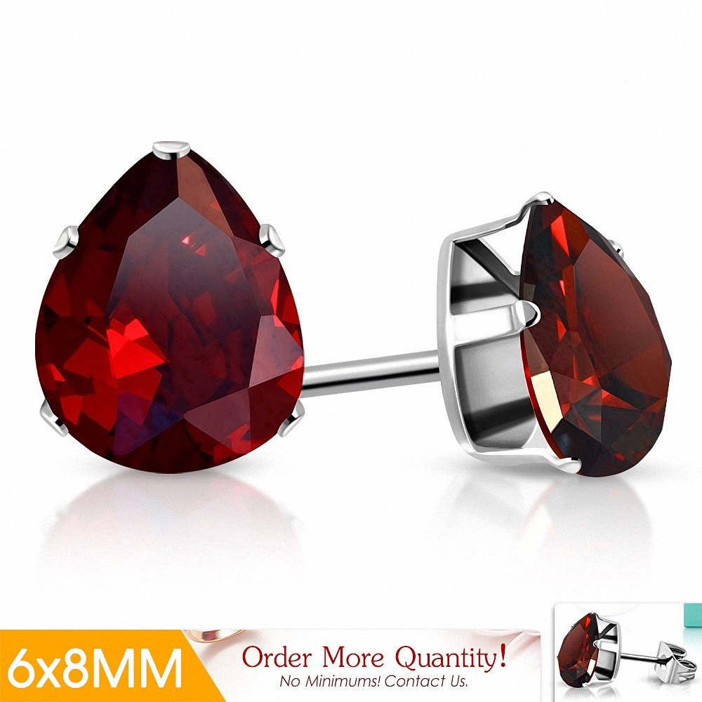 6x8mm | Boucles d'oreilles clous en acier inoxydable avec poire / larme en forme de pince / larme avec lumière Siam Red CZ