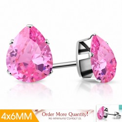 4x6mm | Boucles d'oreilles clous en acier inoxydable avec poire / larme et pendentif en forme de larme avec rose CZ rose