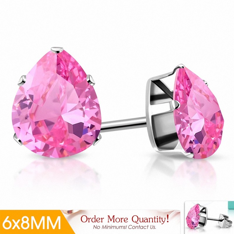 6x8mm | Boucles d'oreilles clous en acier inoxydable avec poire / larme et cZ rose-rose (paire)