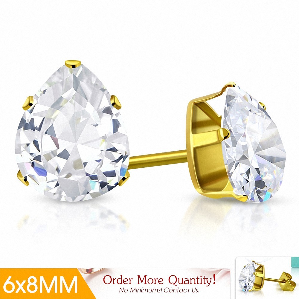 6x8mm | Boucles d'oreilles clous en acier inoxydable doré avec pinces et gouttes en forme de griffes