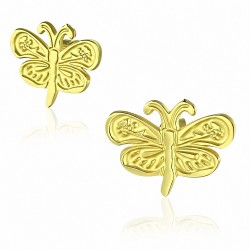 Boucles d'oreilles papillon gravées en acier inoxydable plaqué de couleur d'or (paire)