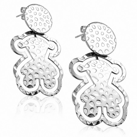 Boucles d'oreilles clous Teddy Bear en acier inoxydable fini martelé (paire)