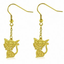 Boucles d'oreilles en forme de crochet de chat avec chaton gravé en acier inoxydable plaqué de couleur d'or (paire)