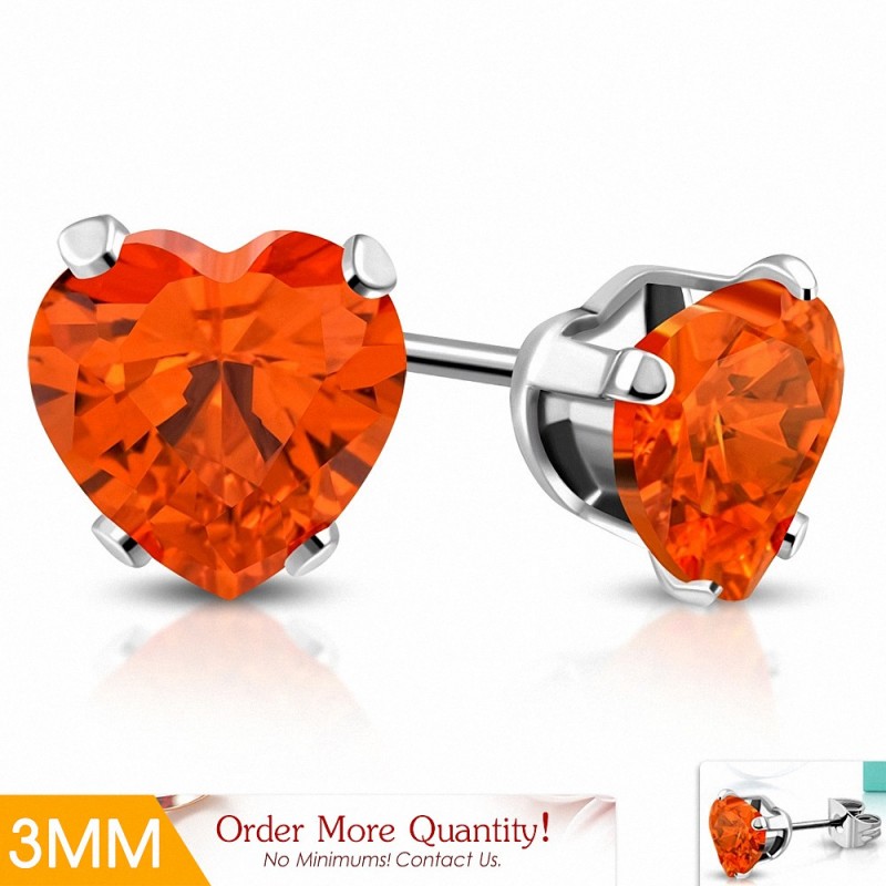 3mm | Boucles d'oreilles en forme de coeur en forme de coeur en acier inoxydable avec coeur en jacinthe orange CZ (paire)