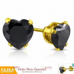 5mm | Boucles d'oreilles en forme de coeur en forme de coeur en acier inoxydable doré avec coeur en noir de jais (paire)