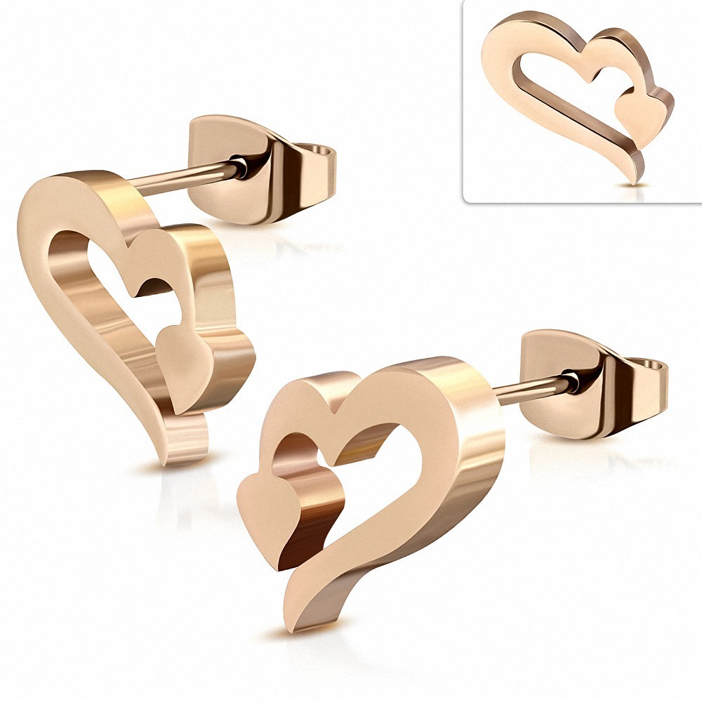 Or rose / rose Plaqué de couleur en acier inoxydable Spiral Love Heart Arrow Boucles d'oreilles clous (paire)