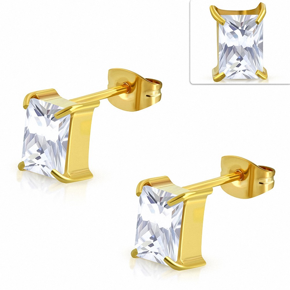 Boucles d'oreilles carrées en acier inoxydable doré avec plaqué de couleur d'or avec CZ transparent (paire)