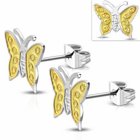 Boucles d'oreilles papillon 2 tons acier inoxydable (paire)