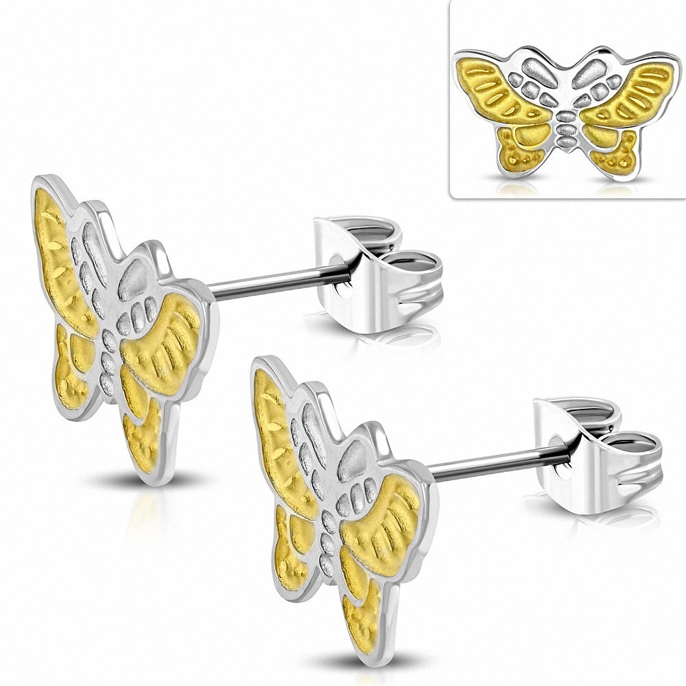 Boucles d'oreilles clous ailes de papillon en acier inoxydable 2 tons (paire)