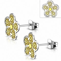 Boucles d'oreilles à fleurs découpées en acier inoxydable 2 tons (paire)