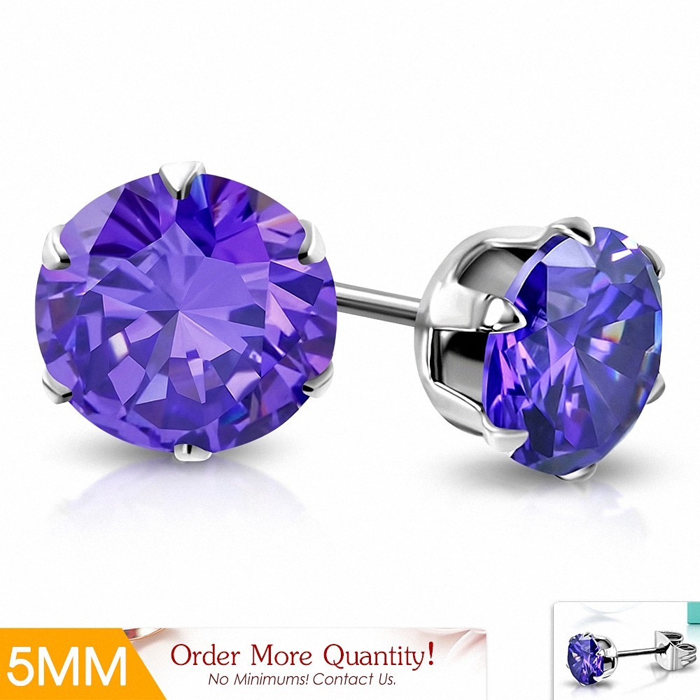 5mm | Boucles d'oreille rondes en acier inoxydable avec cercle et bracelets en  Violet CZ (paire)