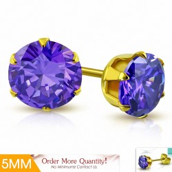 5mm | Boucles d'oreille rondes en acier inoxydable doré avec chaîne et serti de griffes - Violet / Violet CZ (paire)