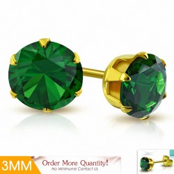 3mm | Boucles d'oreille rondes en acier inoxydable doré avec chaîne en forme de griffe - Emerald CZ (paire)