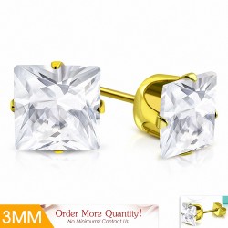 3mm | Boucles d'oreilles carrées en acier inoxydable doré avec plaqué de couleur d'or avec cZ transparent (paire)