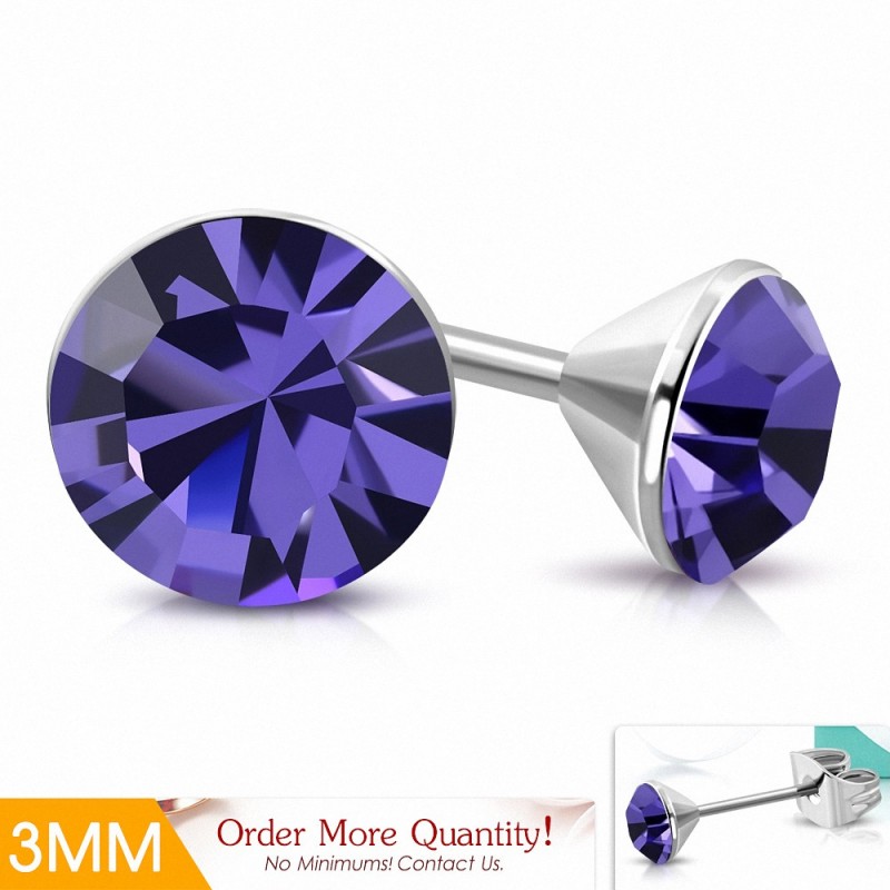 3mm | Boucles d'oreilles à cercle rond en acier inoxydable avec cristaux Stellux violets / violets (paire)