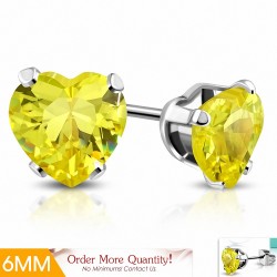 6mm | Boucles d'oreilles en forme de coeur en acier inoxydable avec cœur d'amour avec cz jaune (paire)