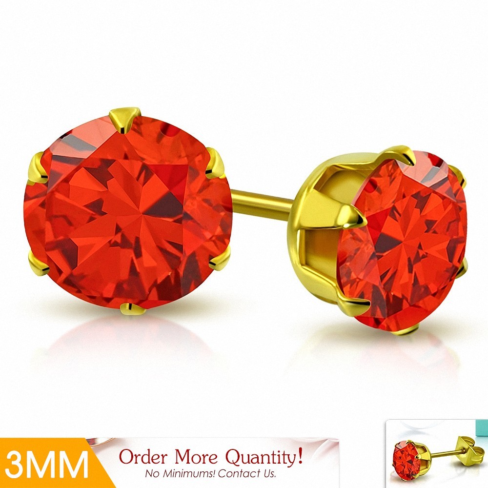 3mm | Boucles d'oreille rondes en acier inoxydable doré avec chaîne en forme de griffe avec zircon orange (paire)