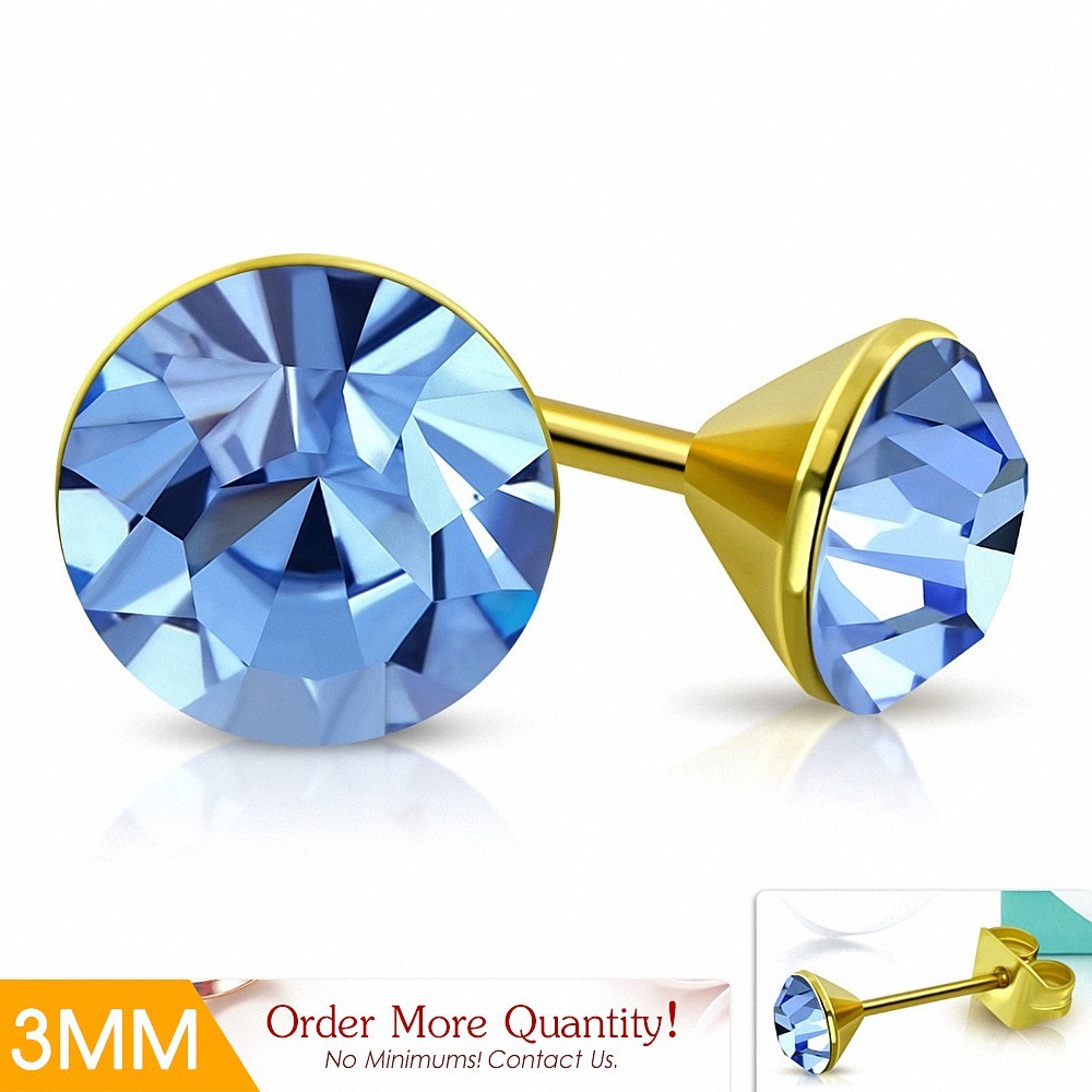 3mm | Boucles d'oreille rondes en forme de lunette sertie de rondelles acier inoxydable doré cristaux de Stellux saphir clair
