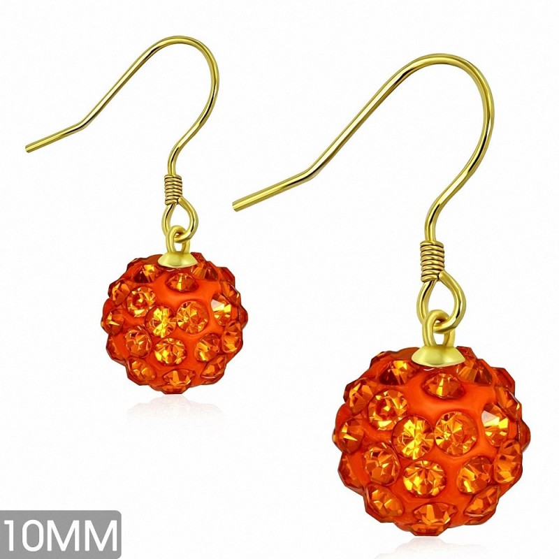 10mm | Boucles d'oreilles à crochet long Shamballa en couleur argent avec boule Disco Ball avec Jacinthe orange CZ (paire)