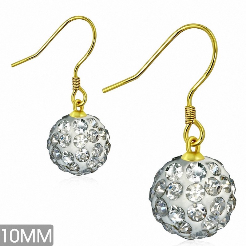 10mm | Boucles d'oreilles à crochet long Shamballa plaqué en couleur argent avec boule à facettes  Clear CZ (paire)