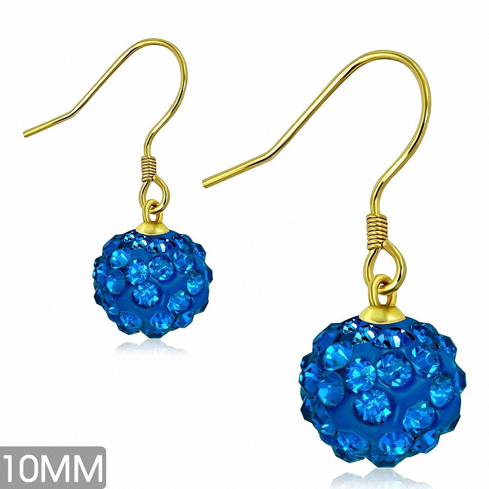 10mm | Boucles d'oreille à crochet long Shamballa plaqué en couleur argent avec boule à facettes  Saphir bleu CZ (paire)