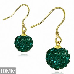 10mm | Boucles d'oreilles à crochet long Shamballa  en couleur argent avec boule à facettes avec émeraude moyenne CZ (paire)