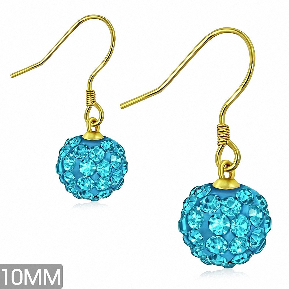 10mm | Boucles d'oreilles à crochet long Shamballa plaqué couleur argent avec boule Disco Ball avec Bleu ciel / Aigue-marine